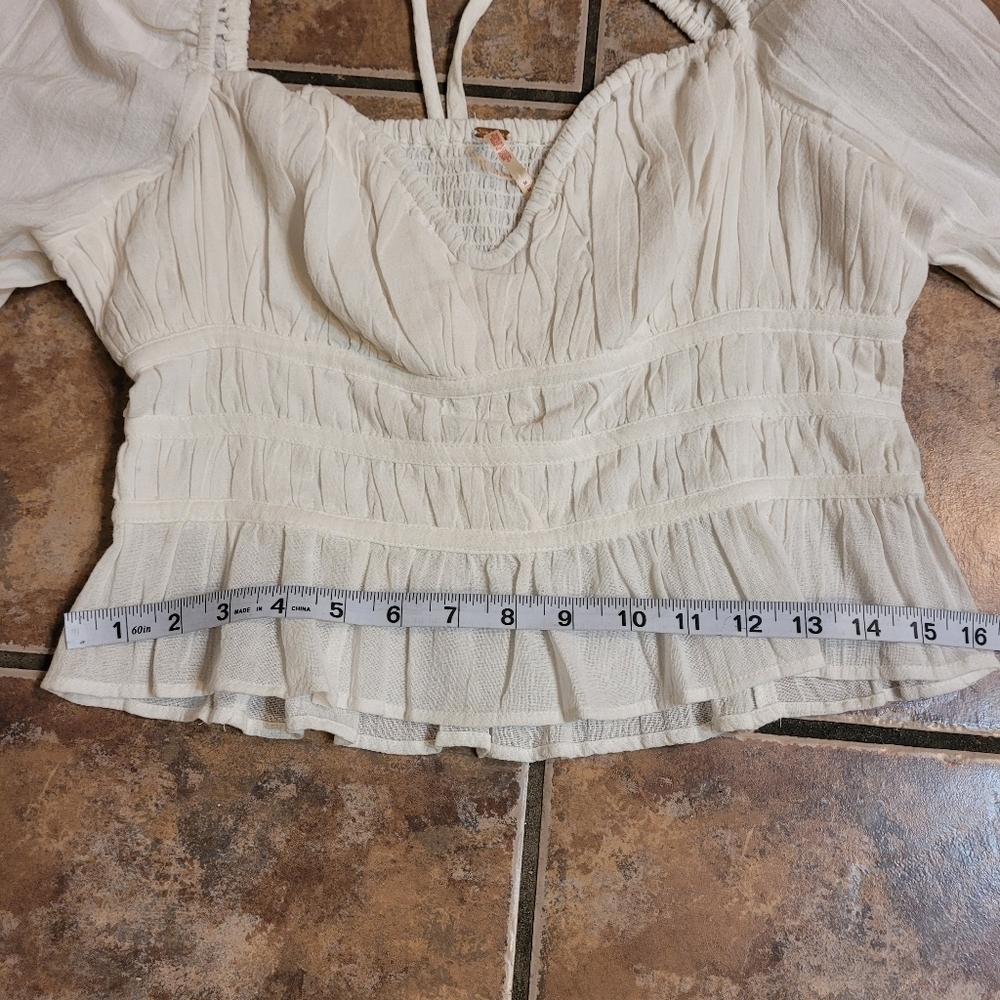 NWT Free People Chloe White Smocked Tie Neck Puff Sleeve Top M - Picture 12 of 16
